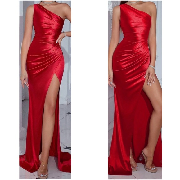 Luxe One Shoulder Champagne Slit Thigh Ruched Bodycon Prom Evening Wedding Dress - Picture 3 of 7